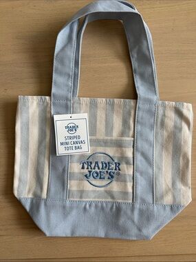 Trader Joe's Striped Mini Canvas Tote Bag in Light Blue & Cream - NWT